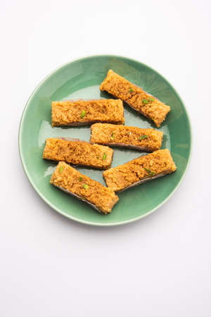 Indian Milk Cake kalakand or Alwar ka Mawa sweet served in a plateの写真素材