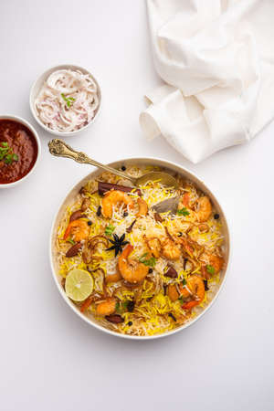 Tasty and delicious prawns biryani, jheenga pulav or shrimp pilaf