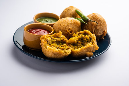 aalu bonda is an indian pakora or batata vada served with ketchupの写真素材