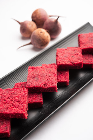 Beetroot Barfi or Barfee or Burfi is an Indian healthy sweet with raw root vegetableの写真素材