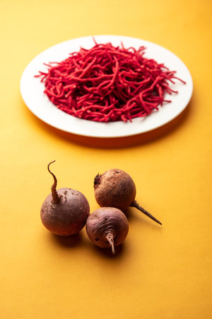 Beetroot sev or fried noodles is a colourful and healthy namkeen recipe from Indiaの写真素材