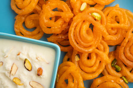Rabri jalebi or imarati with rabdi made from condensing milk, famous dessert sweet from India