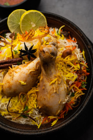 Indian Chicken Biryani served in a terracotta bowl with yogurt over white background. selective focusの写真素材