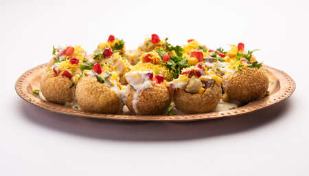 Dahi Puri chat is an indian road side snack item which is especially popular in the state of Maharashtra, Indiaの写真素材