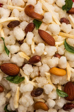 Sago or sabudana Chivda is Sweet and Spicy deep fried Farsan for upwas or vrat diet Or Fasting Food, Served in a bowlの写真素材