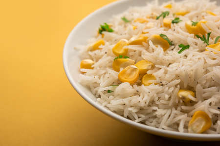 Corn Pilaf or Pulav made using boiled Maize seeds with rice and vegetables. selective focusの写真素材