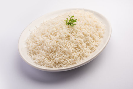 Cooked plain white basmati rice or steamed rice in bowlの写真素材