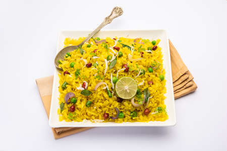 Pohe, poha or Pohaa, also known as pauwa, sira, chira, or aval, Bajil among many other names, is flattened rice originating from the Indian subcontinentの写真素材