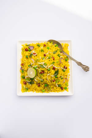 Pohe, poha or Pohaa, also known as pauwa, sira, chira, or aval, Bajil among many other names, is flattened rice originating from the Indian subcontinentの写真素材
