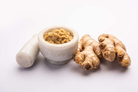 Fresh mashed ginger paste or Puree in a bowl and whole Adrak over moody background, selective focusの写真素材