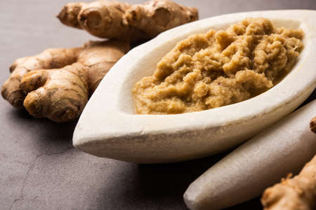 Fresh mashed ginger paste or Puree in a bowl and whole Adrak over moody background, selective focusの写真素材