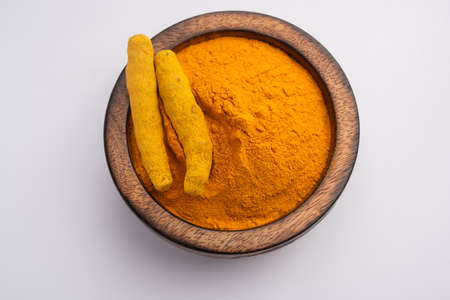 Dry Turmeric Dust or Haldi Powder also known as curcuma longa linn, selective focusの写真素材