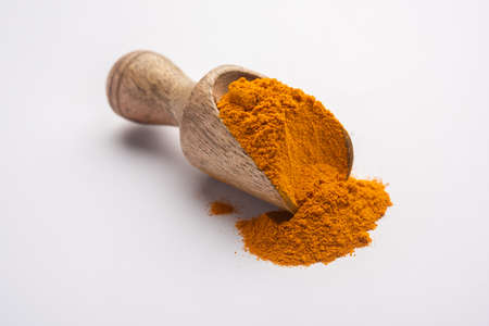 Dry Turmeric Dust or Haldi Powder also known as curcuma longa linn, selective focusの写真素材