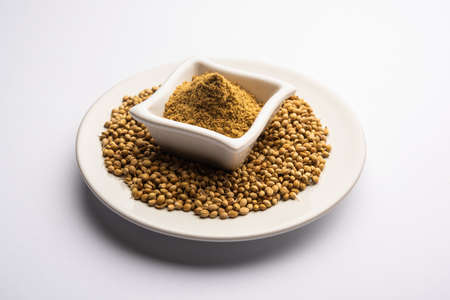Indian spice Heap of Coriander powder or Dhaniya Powder or Chinese parsley dried seeds, selective focusの写真素材