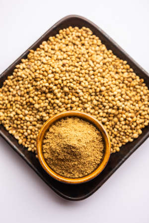 Indian spice Heap of Coriander powder or Dhaniya Powder or Chinese parsley dried seeds, selective focusの写真素材