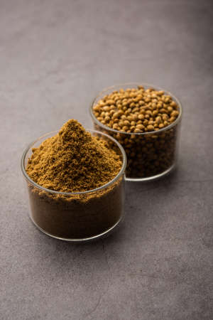 Indian spice Heap of Coriander powder or Dhaniya Powder or Chinese parsley dried seeds, selective focusの写真素材