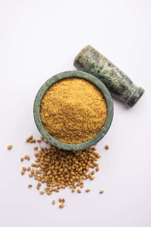 Indian spice Heap of Coriander powder or Dhaniya Powder or Chinese parsley dried seeds, selective focusの写真素材