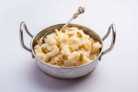 Suji ka halwa or rava sheera or ravyacha shira is an indian sweet dish, served as dessert or as offering to gods.の写真素材