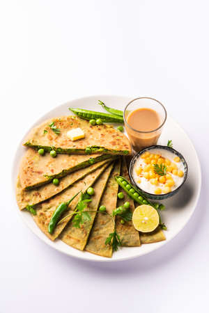Green Peas paratha or flatbread or matar parathas with curd and hot tea