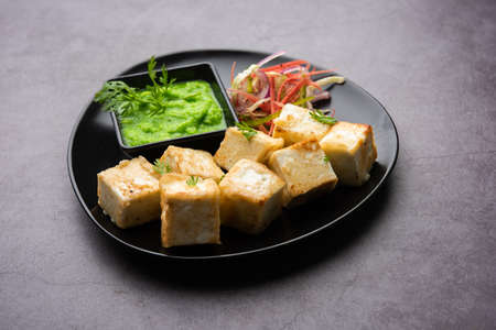 makhmali or Malai Paneer Tikka Kabab is a north indian starter food served with green salad and chutneyの写真素材