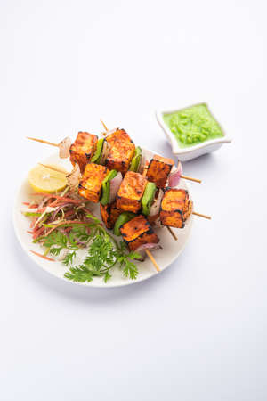 Paneer tikka is an Indian dish made from chunks of cottage cheese marinated in spices and grilled in a tandoorの写真素材