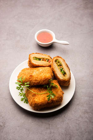 Box Patties, Delicious deep fried south Iasian pastry snack filled with something savory and Coated with Bread Crumbの写真素材