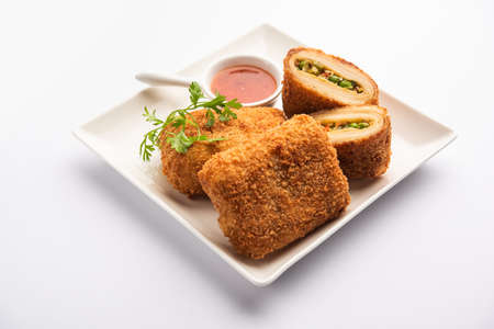 Box Patties, Delicious deep fried south Iasian pastry snack filled with something savory and Coated with Bread Crumbの写真素材