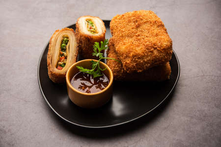Box Patties, Delicious deep fried south Iasian pastry snack filled with something savory and Coated with Bread Crumbの写真素材