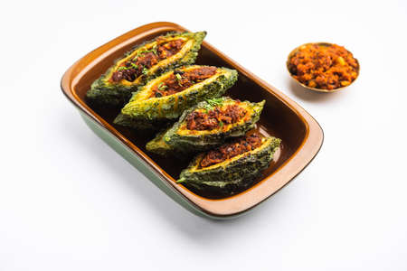 Bharwa karela masala fry or stuffed bitter melon recipeの写真素材