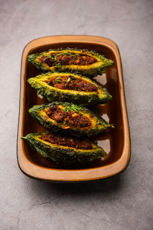Bharwa karela masala fry or stuffed bitter melon recipeの写真素材
