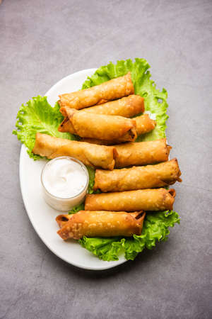 Roll shaped Cigar Samosa are the perfect finger food served with ketchupの写真素材