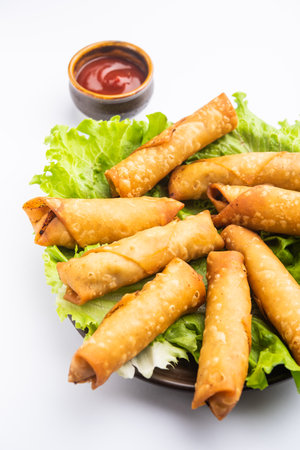 Roll shaped Cigar Samosa are the perfect finger food served with ketchupの写真素材
