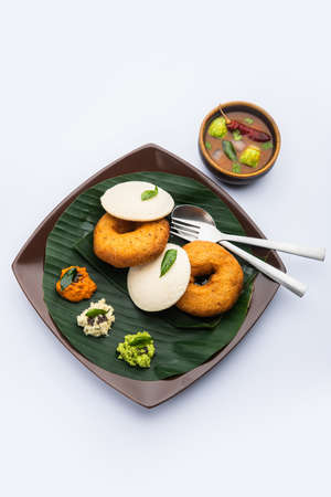 idli vada with sambar pr sambhar also called medu wada rice cakeの写真素材