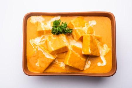Paneer Butter Masala or Cheese Cottage Curry is a rich & creamy curry made with paneer, spices, onions, tomatoes, cashews and butterの写真素材