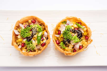 Aloo Tokri Chaat or Potato Basket stuffed chat or katori chatの写真素材