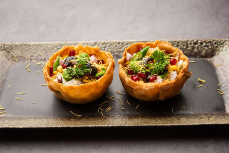 Aloo Tokri Chaat or Potato Basket stuffed chat or katori chat