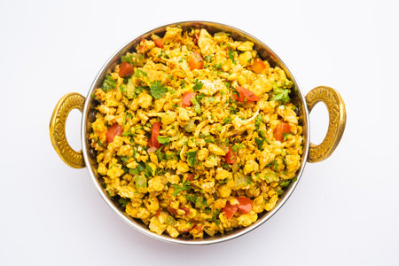 Egg bhurji, also known as Masala Anda Bhurji, is a scrambled eggs dish which is a popular Indian street food and a breakfast, lunch or dinner recipeの写真素材
