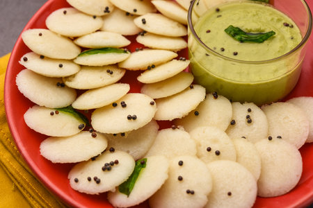 Mini idli or button idli with sambar and chutney