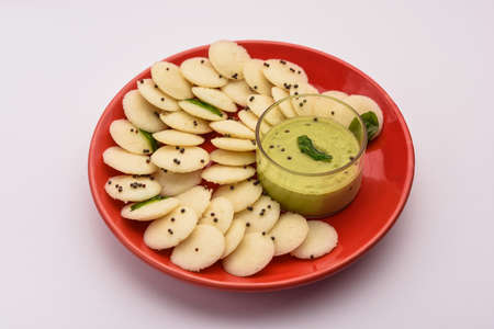 Mini idli or button idli with sambar and chutney