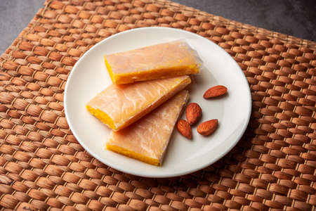 Badam Halwa or sheera also known as Almond Halwa is a traditional Indian sweet dish prepared blending milk and almondsの写真素材