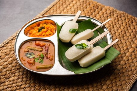 Idly lollipop or idli candy with stick served with sambar and chutney,South indian breakfastの写真素材