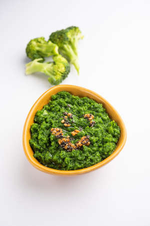 Fresh broccoli chutney or paste, puree in the bowl with raw piecesの写真素材