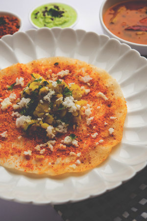 Mysore Masala Dosa or open dosa served with sambar and chutney, selective focusの写真素材