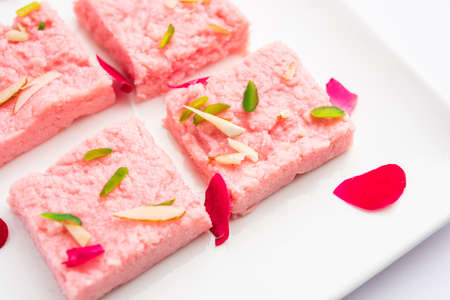 Rose Kalakand pink barfi or burfi also known as flavoured Mishri Mava Or Khoa Milkcake mithai