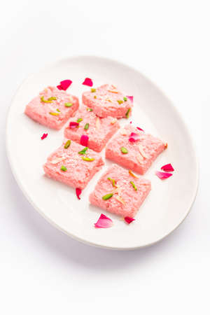 Rose Kalakand pink barfi or burfi also known as flavoured Mishri Mava Or Khoa Milkcake mithaiの写真素材