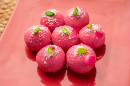 Delicious Pink Chumchum or rose flavour cham cham or Rasgulla or Rasagola, Rosogola, Rosogolla