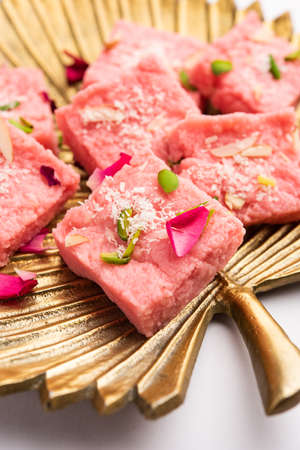 Rose Kalakand pink barfi or burfi also known as flavoured Mishri Mava Or Khoa Milkcake mithai