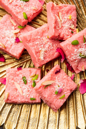 Rose Kalakand pink barfi or burfi also known as flavoured Mishri Mava Or Khoa Milkcake mithai