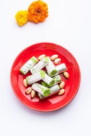 Pista Roll Or Pistachio Rolls Mithai or sigar, Indian sweet or dessert for festivalsの写真素材