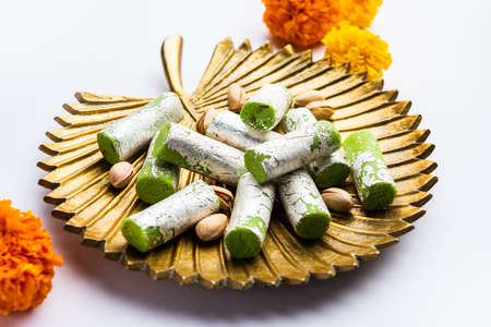 Pista Roll Or Pistachio Rolls Mithai or sigar, Indian sweet or dessert for festivalsの写真素材